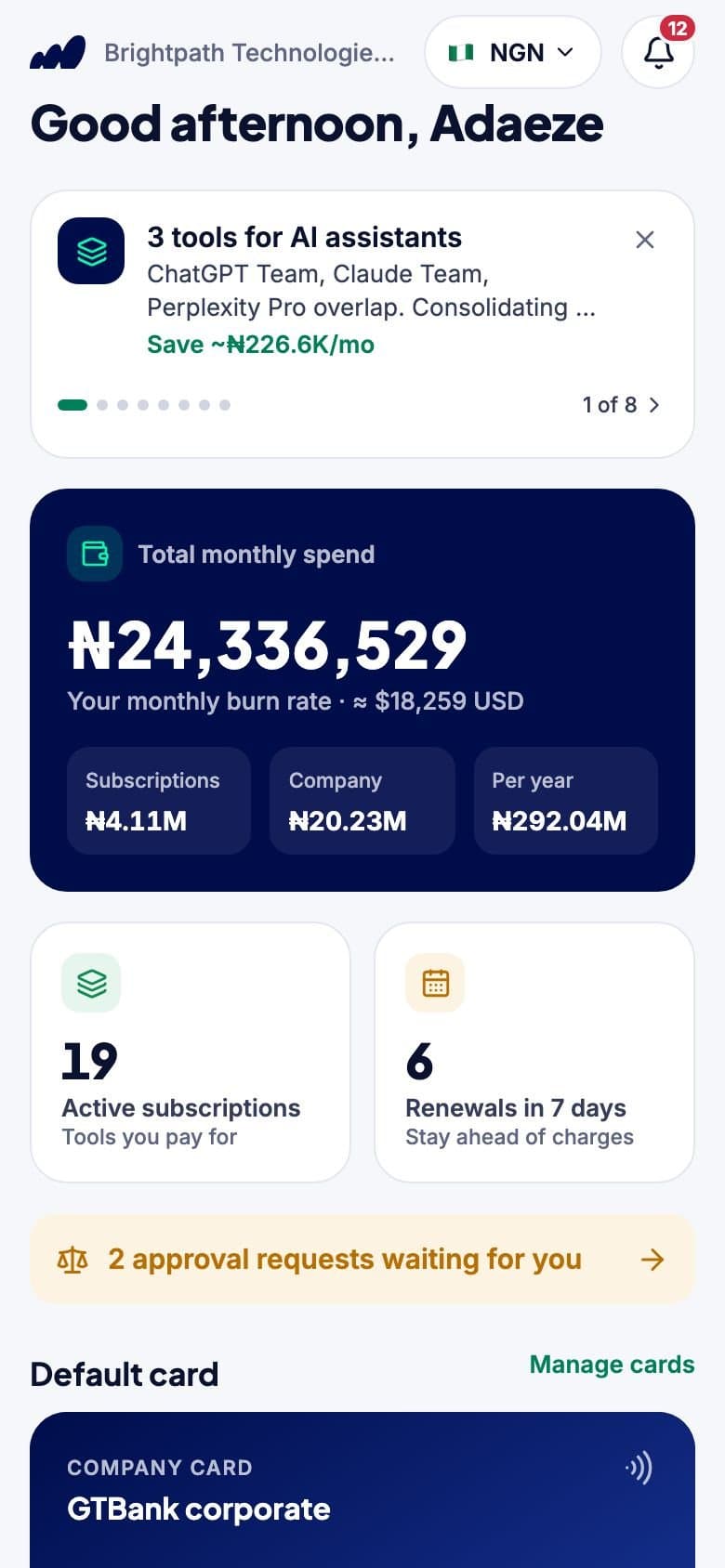 The Surba app home: monthly spend, alerts and renewals